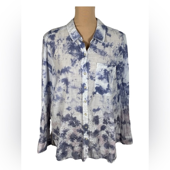 Pilcro Anthropologie The Cate Tie Dye Embroidered Button Down Shirt Size LP - Picture 2 of 12